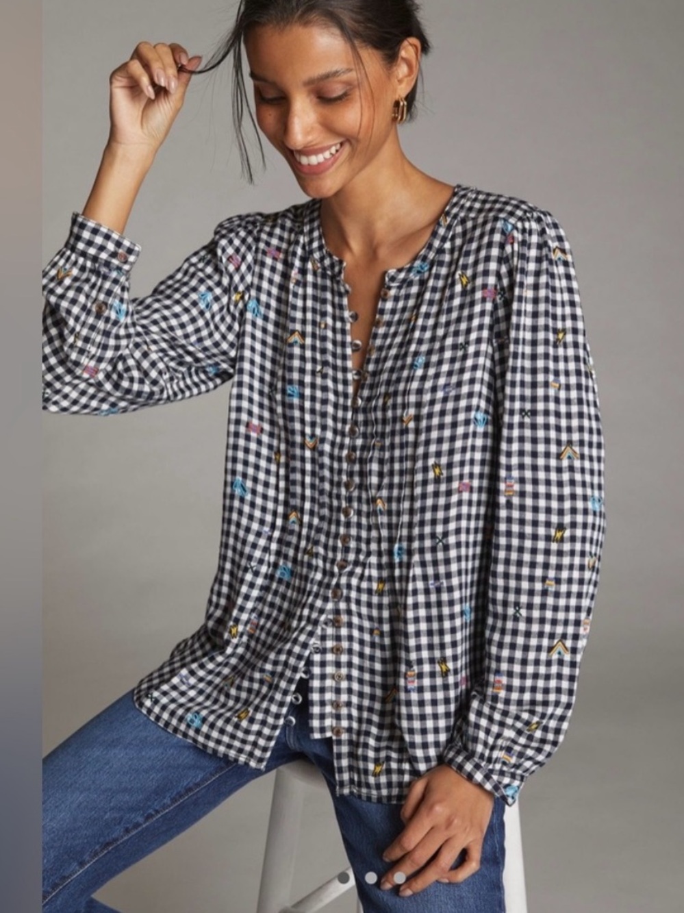 Anthropologie Pilcro Black & White Gingham Embroidered Button Down Shirt Size Lg